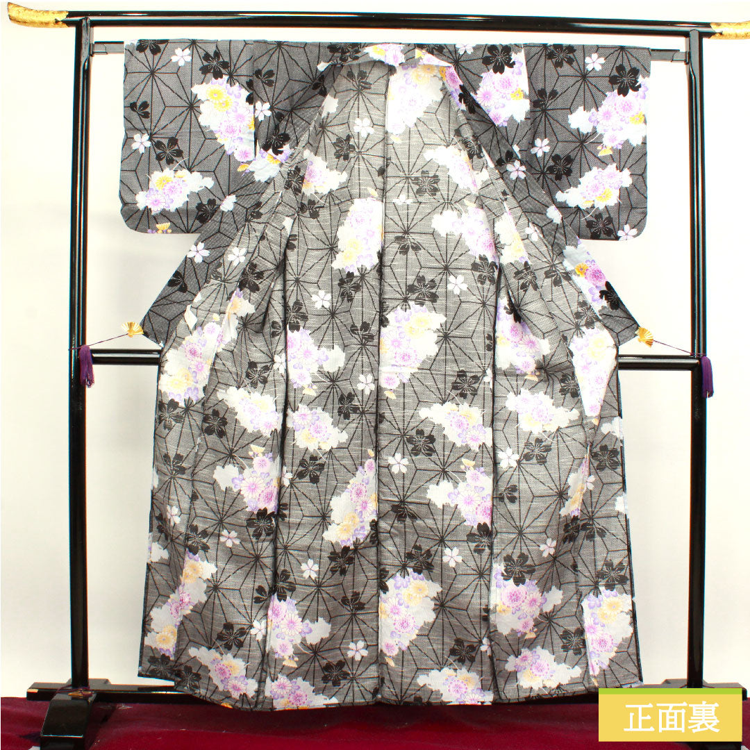 浴衣 木綿 身丈160cm 裄丈64cm Sランク 単衣 黒系 麻の葉 菊 桜 1118004532410