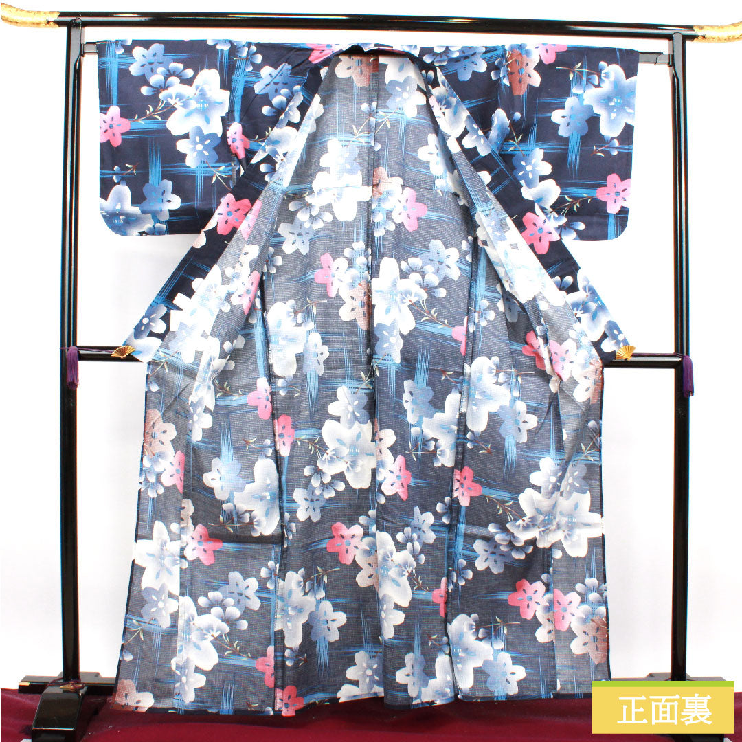 Yukata Cotton Length 163.5cm Sleeve length 65.5cm S rank Single layer Navy Deep navy (noukon-iro) Cherry blossom 1118004852418