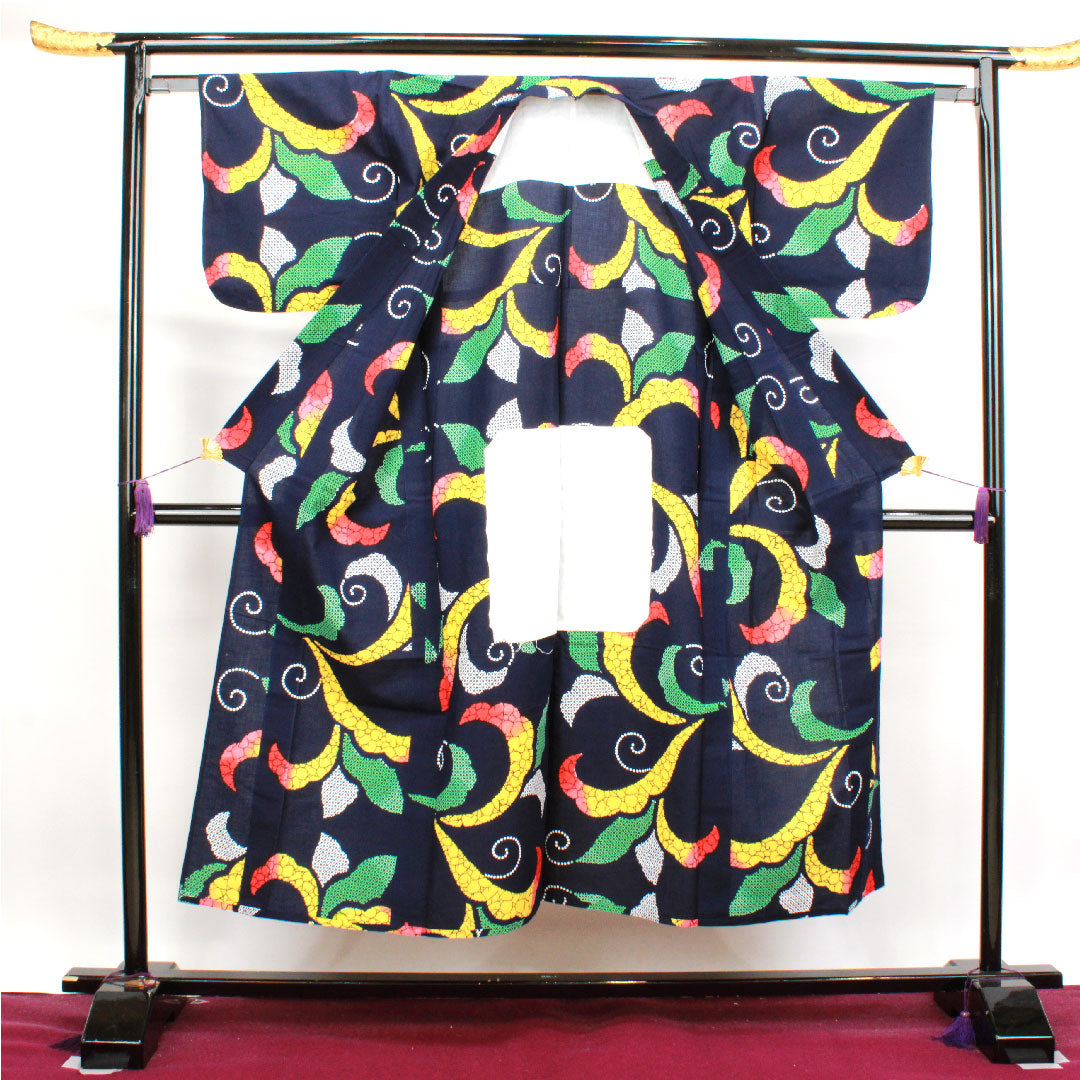 浴衣 濃紺色 抽象模様 木綿 Sランク 単衣 身丈147.5cm 裄丈64cm 紺系 1118003622118