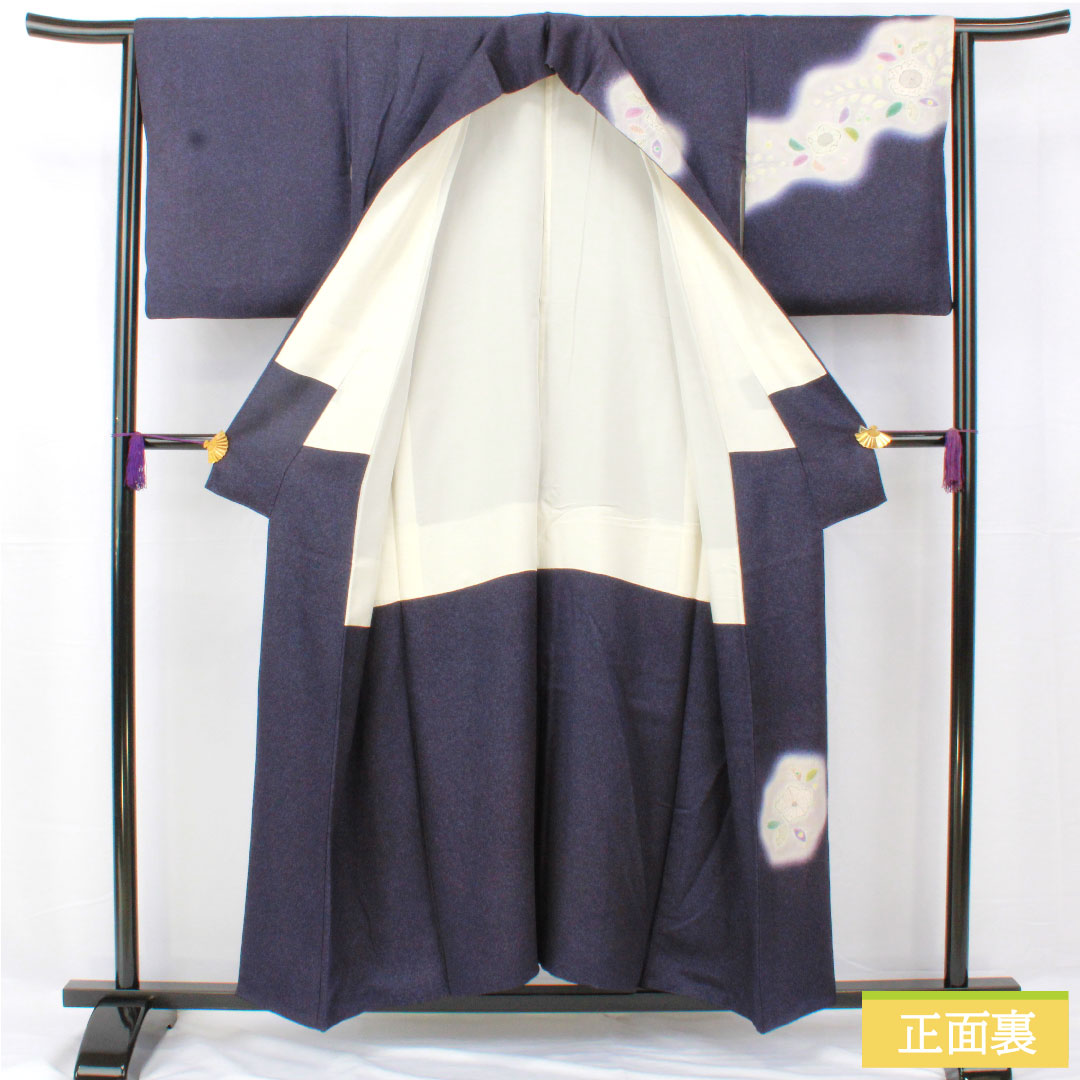 訪問着 正絹 袷 身丈154cm 裄丈63cm 鉄葡萄色(てつぶどういろ) 辻ヶ花 タタキ染 Aランク 紺系 1112005133218