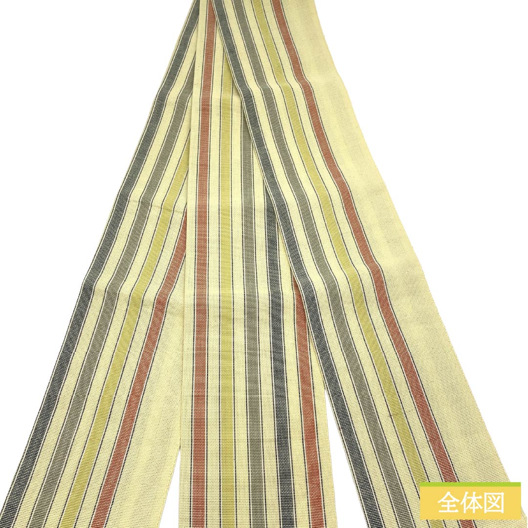 【未仕立】半幅帯 木綿 Aランク 魚子黄色(ぎょしこういろ) 夏帯 縞 帯丈340cm 黄系 1125004363323