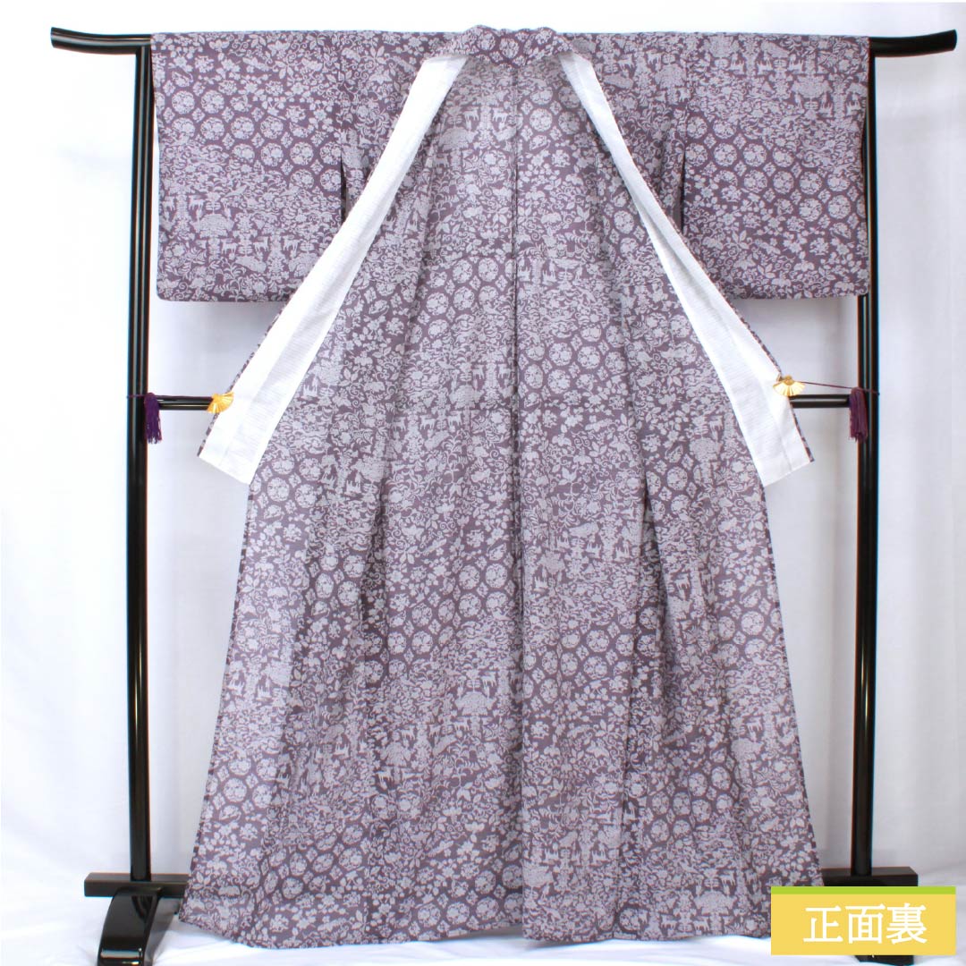 夏物 ポリエステル 小紋 身丈165.5cm 裄丈64.5cm 滅紫色(けしむらさきいろ) 割付 更紗模様 洗える着物 紗 Sランク 紫系 1132002152520