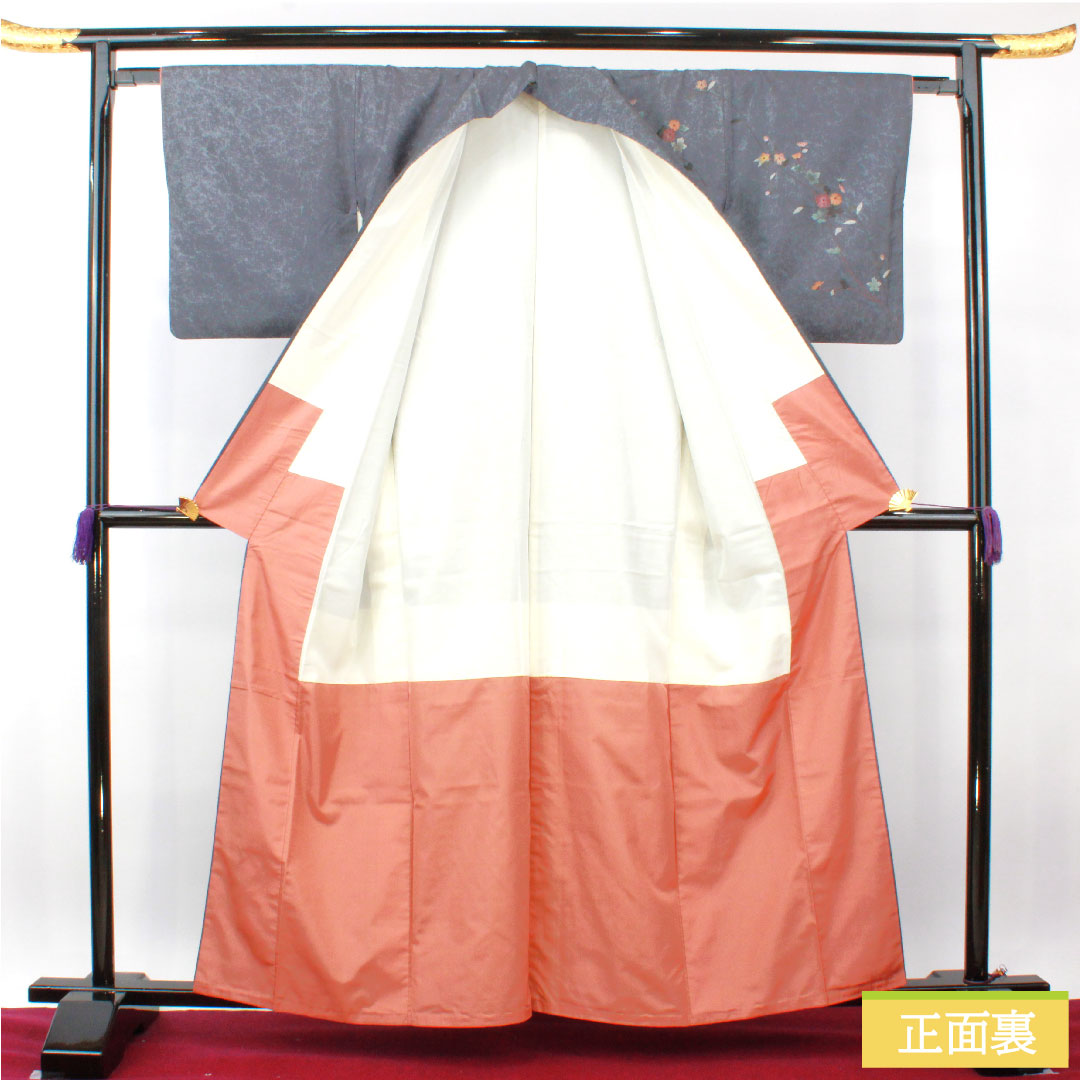 訪問着 正絹 袷 身丈161cm 裄丈63cm 灰青色 大島紬 草花模様 作家物 Aランク グレー系 1112004013422