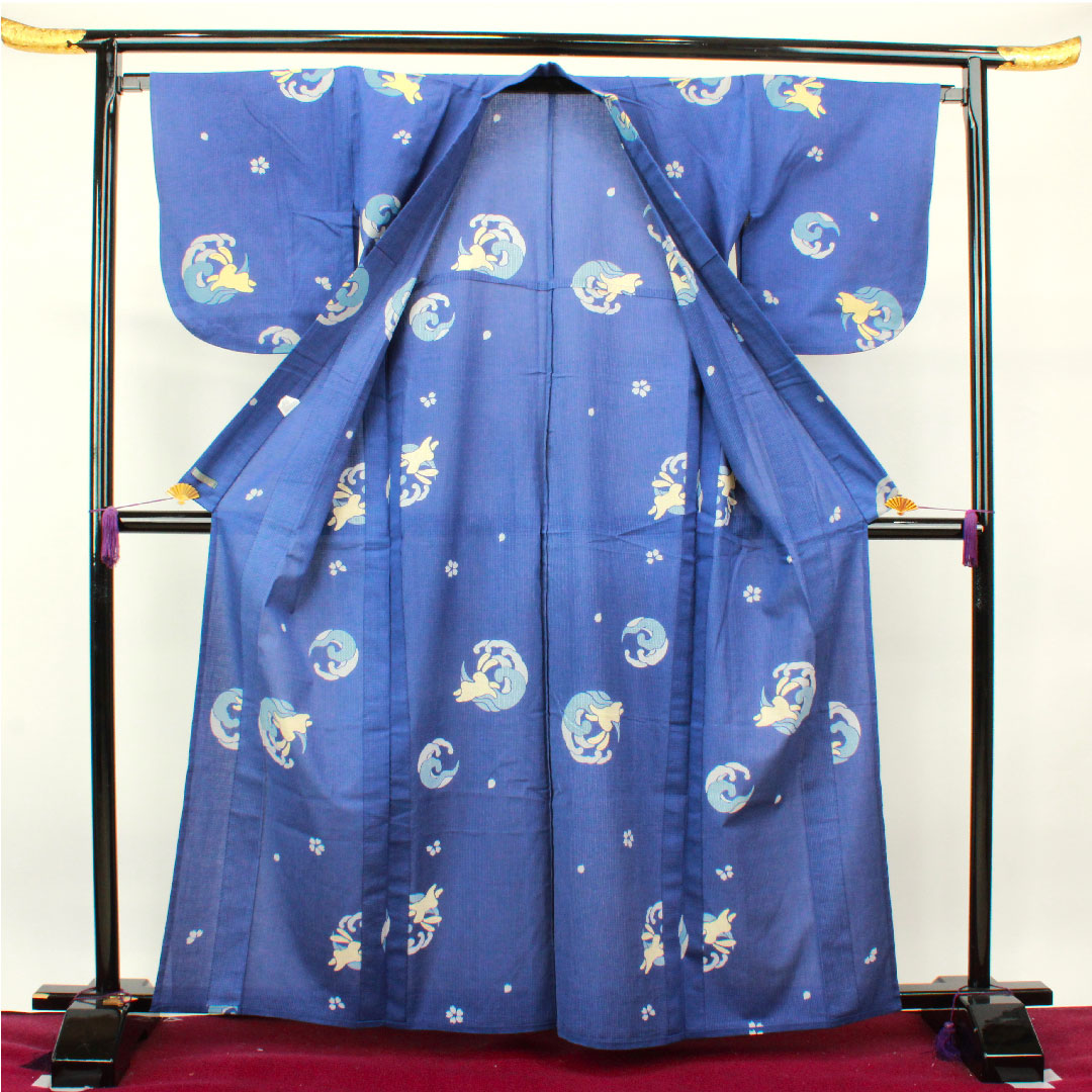 浴衣 桔梗色 ウサギ 桜 木綿 Sランク 単衣 身丈162.5cm 裄丈65.5cm 青系 1118002962417