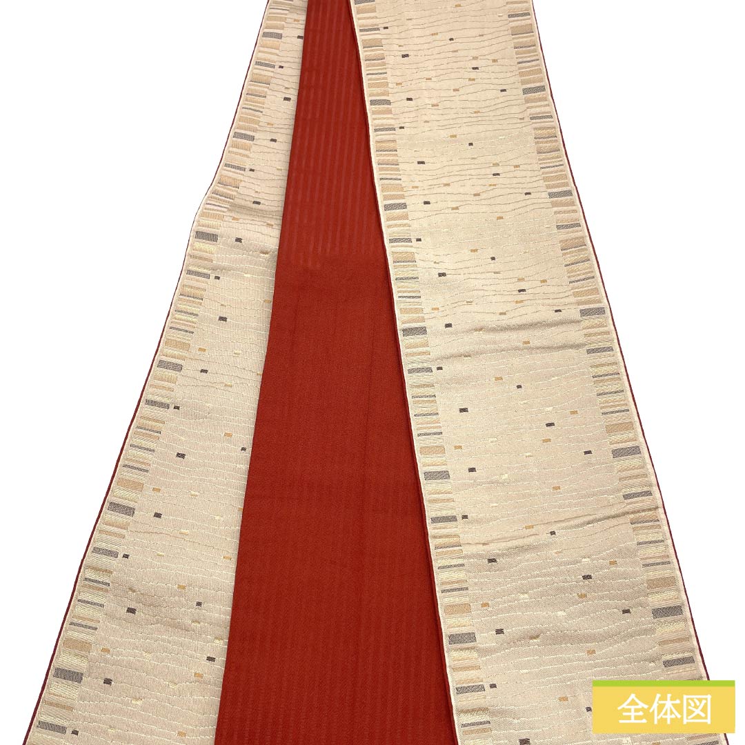 【未仕立】半幅帯 ポリエステル Sランク 胡桃色(くるみいろ) 幾何学模様 帯丈364cm ベージュ系 1125003352325