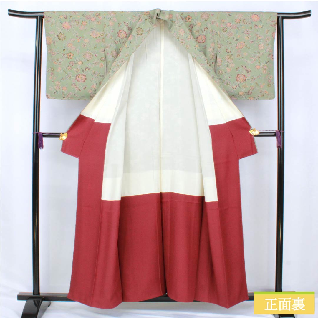 小紋 正絹 Sランク 身丈156.5cm 裄丈63cm 袷 利休鼠色(りきゅうねずみいろ) 更紗 緑系 1115007162319