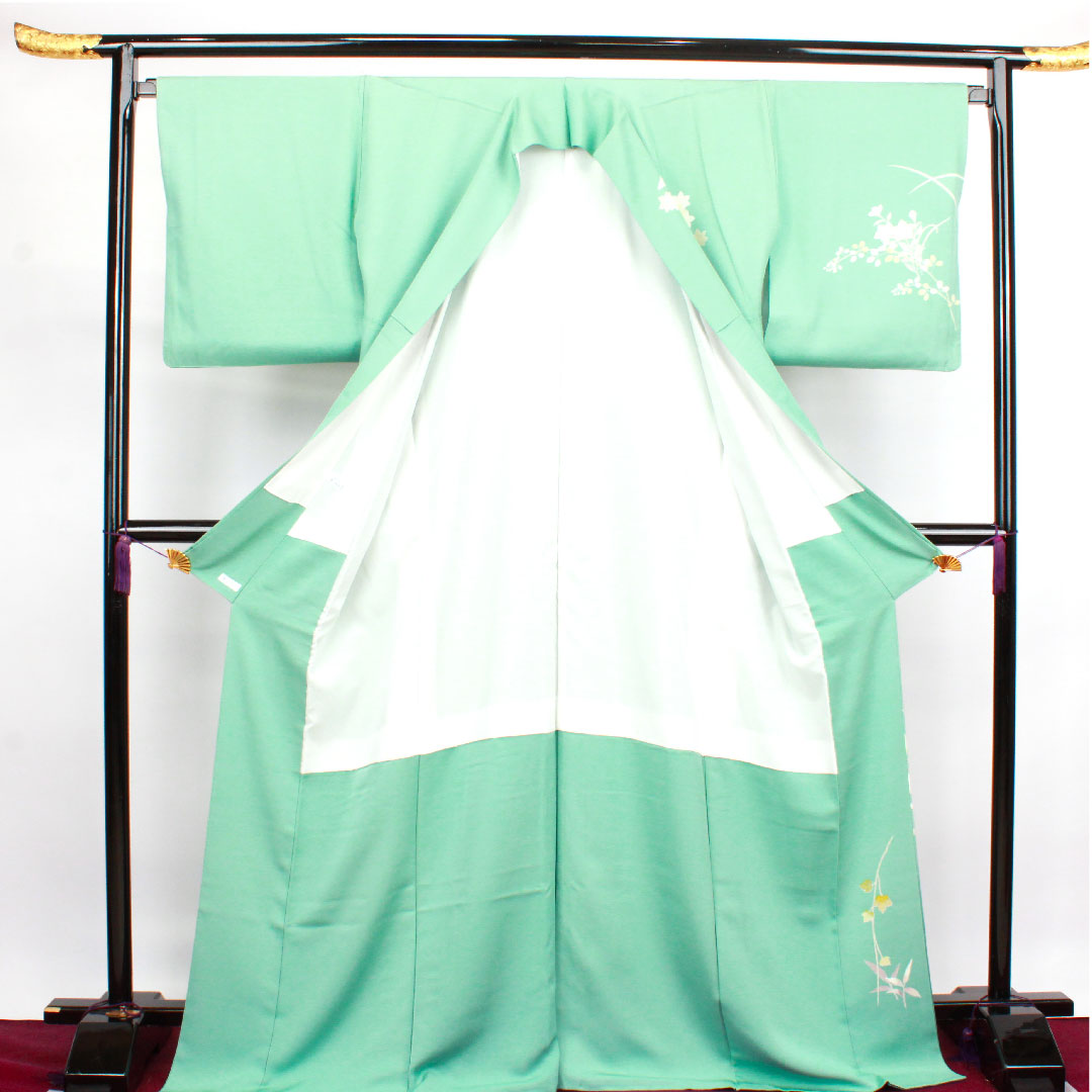 訪問着 袷 身丈173cm 裄丈68cm 秘色色 京友禅 草花模様 正絹 Sランク 緑系 1112002722619