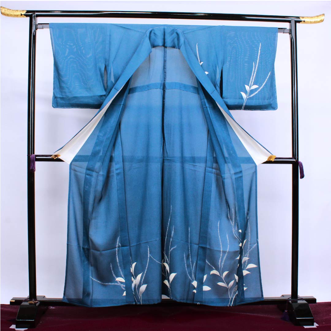 夏物 正絹 訪問着 身丈154.5cm 裄丈63.5cm 中縹色(なかのはなだいろ) 葉模様 しつけ付き 未使用品 絽 Aランク 青系 1132000353217