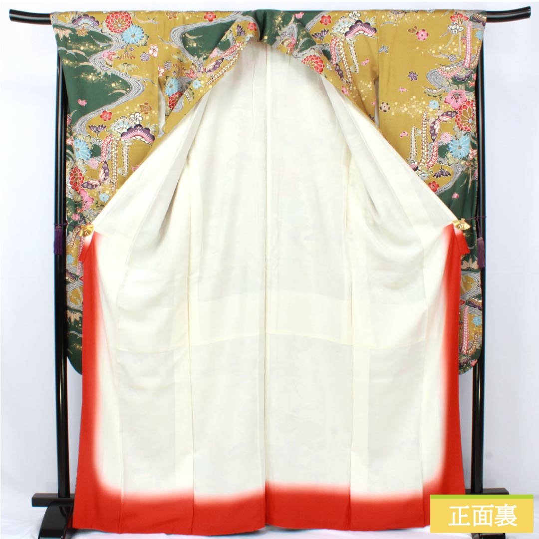 振袖 正絹 Aランク 身丈168cm 裄丈68cm 袷 菜種油色(なたねあぶらいろ) 京友禅 紗綾形 慶長柄 綸子生地 黄系 1113002523523