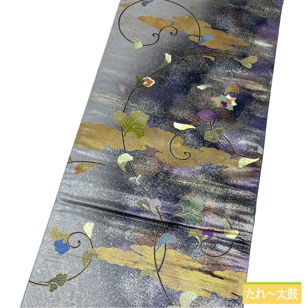 袋帯 正絹 江戸納戸色(えどなんどいろ) 於利部寿名宝 慶匠絹箔螺鈿 意匠絹箔金彩螺鈿 作家物 帯丈440cm Sランク 六通 フォーマル 青系 1123011452317