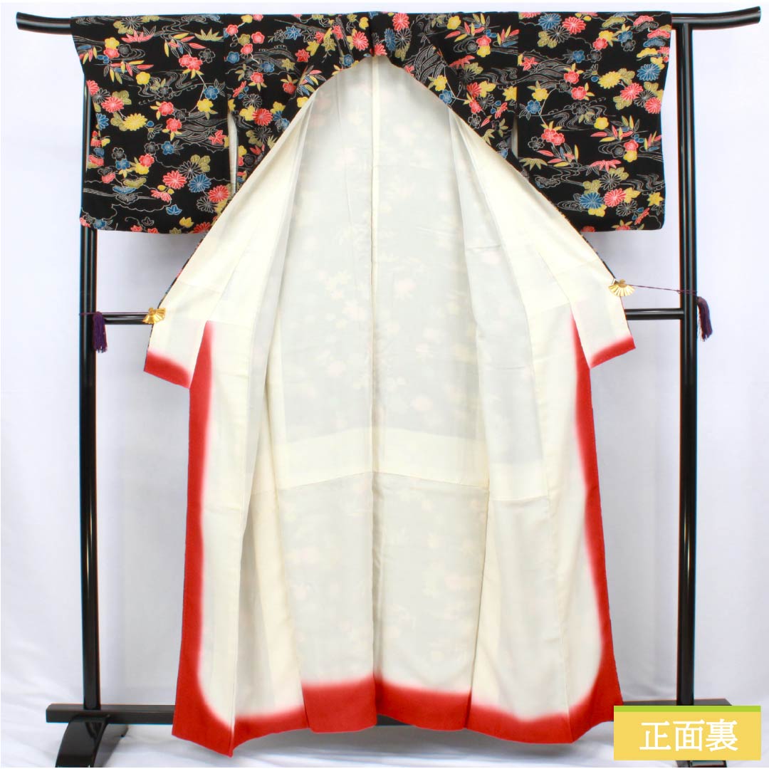 小紋 正絹 Sランク 身丈158.5cm 裄丈65.5cm 袷 型染 松竹梅 菊 黒系 1115006872310