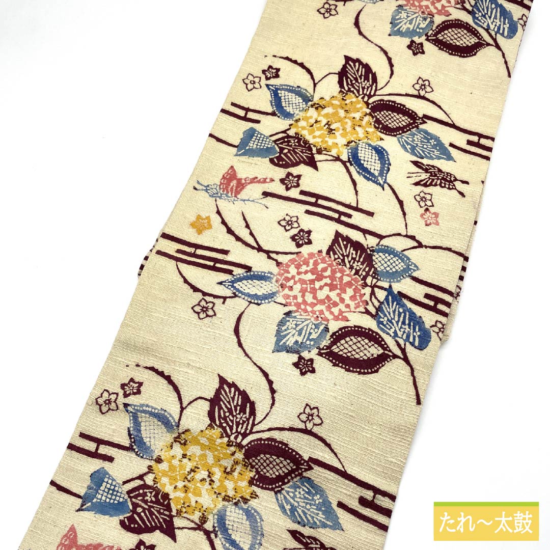 Nagoya Obi, Obana-iro (Obana color), stencil-dyed, pongee fabric, hydrangea, obi length 366cm, pure silk, S rank, full-length, casual, beige, 1124007772325, Nagoya-made