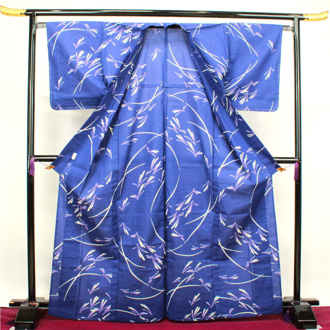 浴衣 しつけ糸付き 未使用品 紺桔梗色 トンボ 木綿 Sランク 単衣 身丈168cm 裄丈66cm 紺系 1118002692518