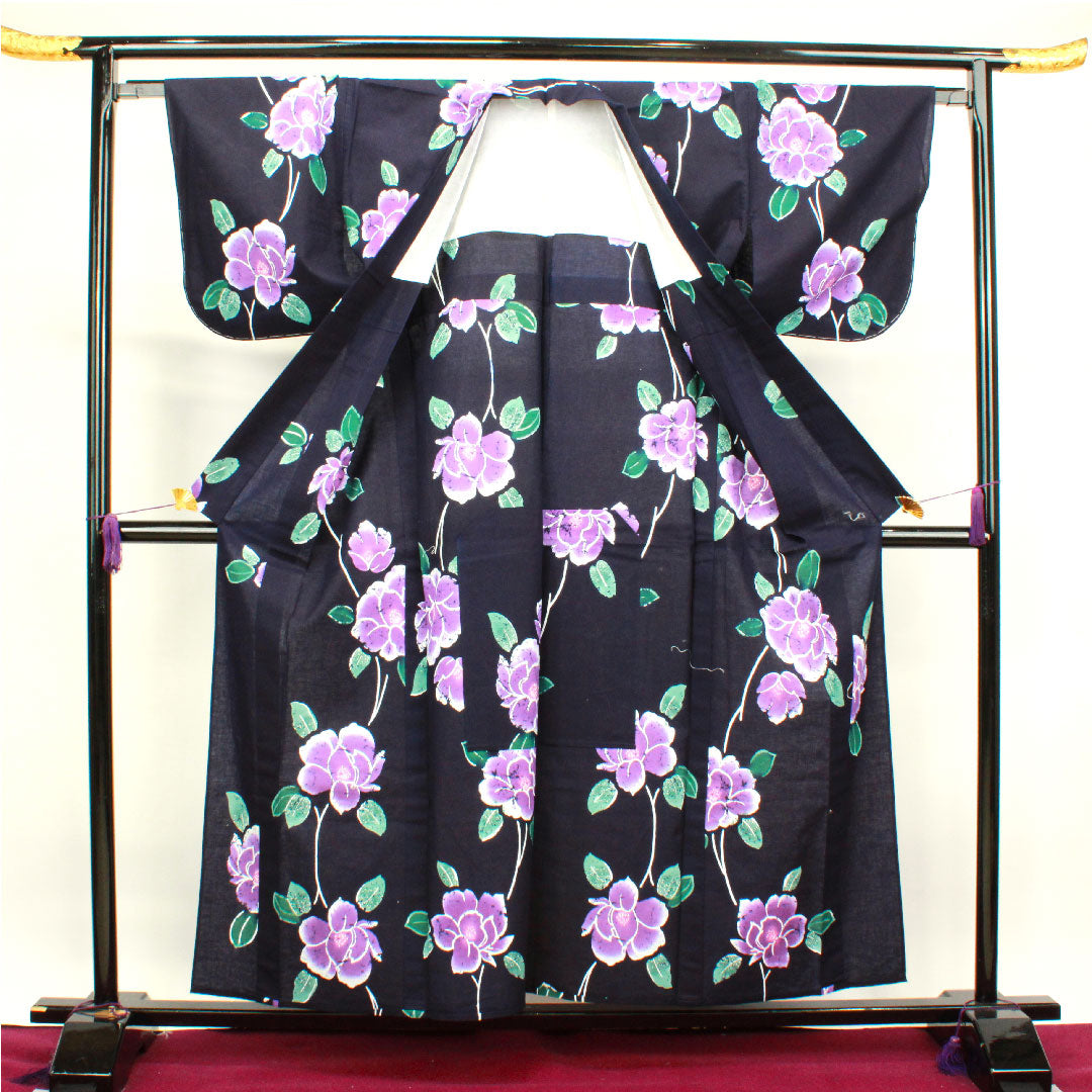 浴衣 濃紺色 山茶花 木綿 Aランク 単衣 身丈157.5cm 裄丈65.5cm 紺系 1118001953318
