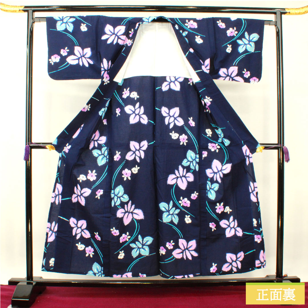 浴衣 木綿 身丈156cm 裄丈64.5cm Sランク 単衣 紺系 濃紺色(のうこんいろ) 菖蒲 椿 1118005182318