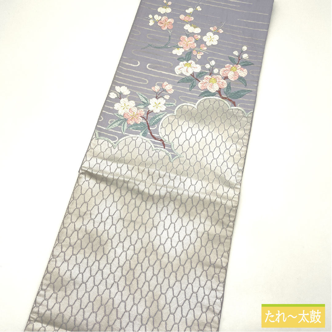 袋帯 正絹 Aランク 白藤色(しらふじいろ) 唐織 桜 梅 帯丈424cm ポイント柄 フォーマル 紫系 1123016073320
