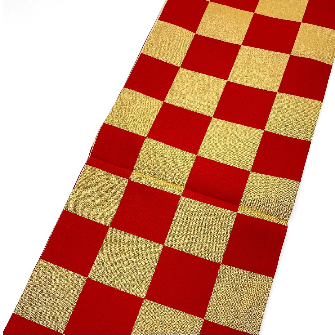 袋帯 金色 振袖用 市松 帯丈436cm 正絹 Sランク 六通 フォーマル 金系 1123006242321