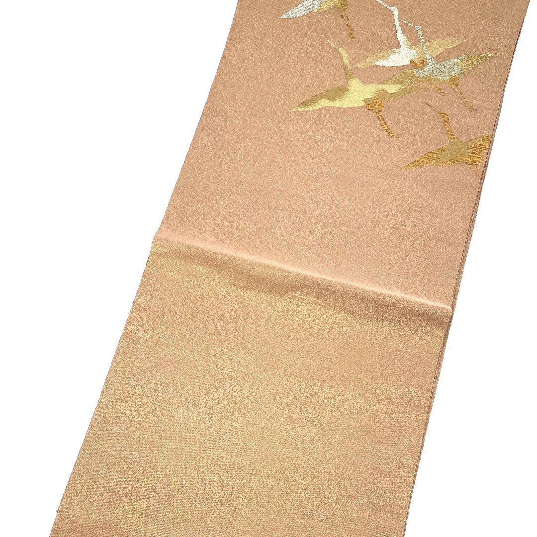 袋帯 薄赤色(うすあかいろ) 鶴 金糸 帯丈452cm 正絹 Sランク ポイント柄 フォーマル 茶系 1123007622414