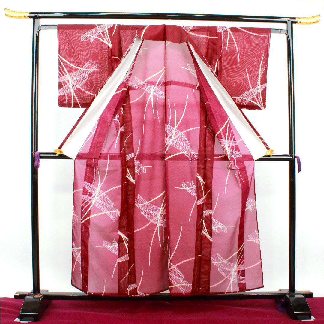 Summer kimono, polyester, small pattern, length 157cm, sleeve length 62cm, light purple, washable kimono, landscape pattern, basting thread included, silk, S rank, purple, 1132001702320