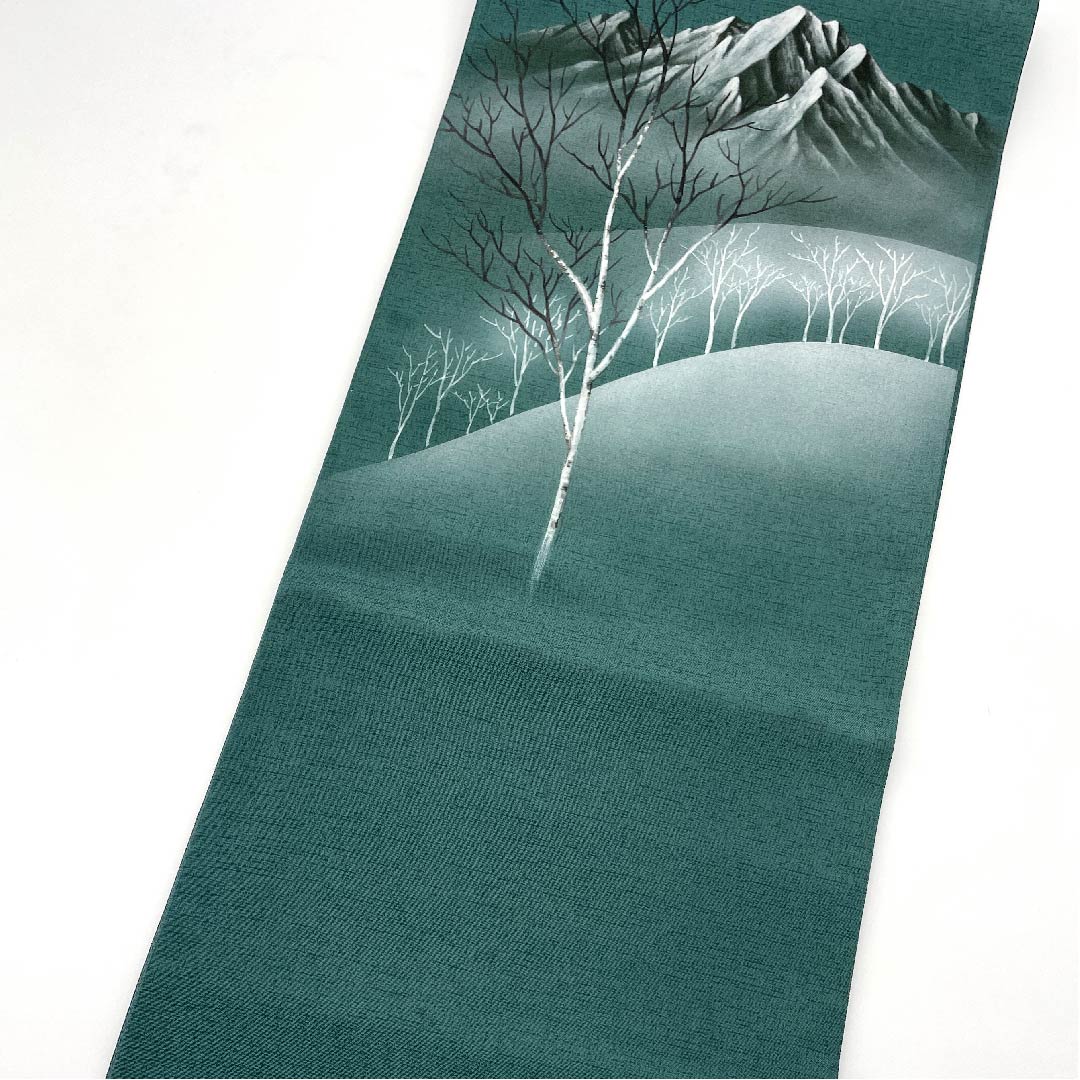 袋帯 深藍色(ふかきあいいいろ) 大雪山 染め帯 帯丈450cm 正絹 Aランク ポイント柄 セミフォーマル 緑系 1123005883319