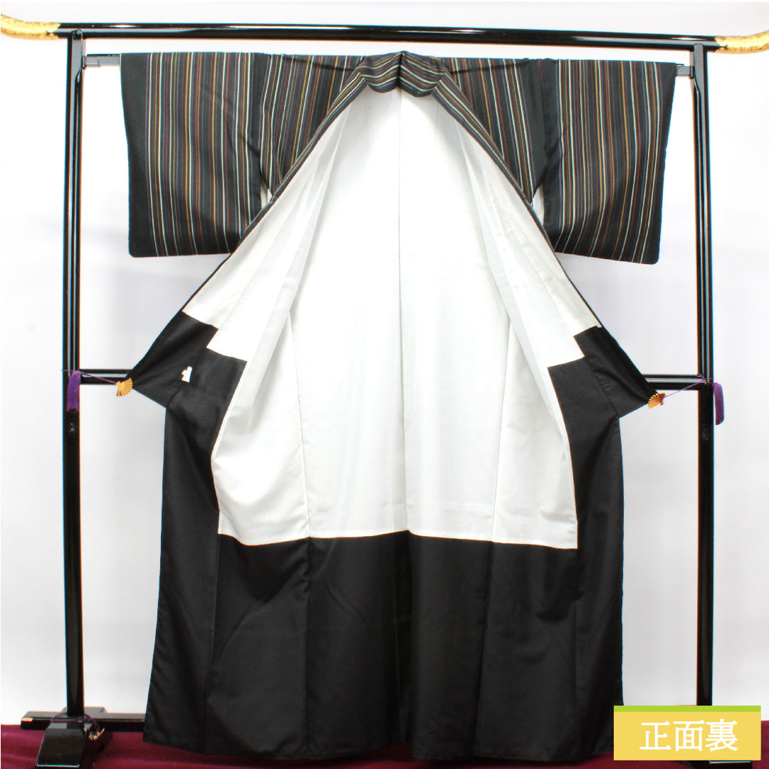 小紋 ポリエステル 身丈164.5cm 裄丈65cm 袷 洗える着物 縞模様 Sランク 黒系 1115003952410