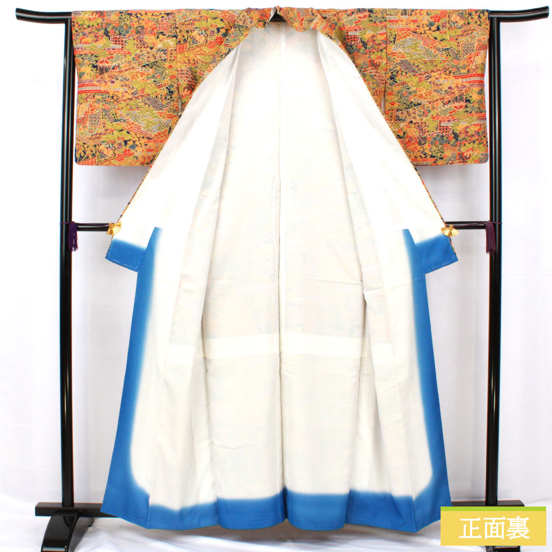 小紋 ポリエステル 身丈160cm 裄丈63.5cm 袷 紺藍色(こんあいいろ) 洗える着物 吉祥文様 Sランク 紺系 1115004612418