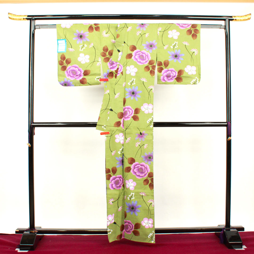 浴衣 緑衫色 草花模様 木綿 Sランク 単衣 身丈162cm 裄丈62cm 緑系 1118001142419
