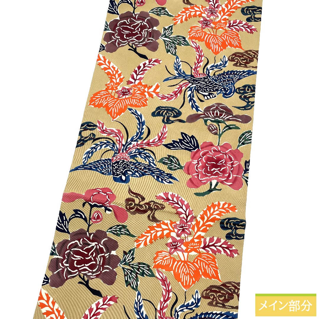名古屋帯 枯野色 型染 唐花 抽象花 帯丈364.5cm 正絹 Sランク 六通 カジュアル ベージュ系 1124005702325 名古屋仕立て