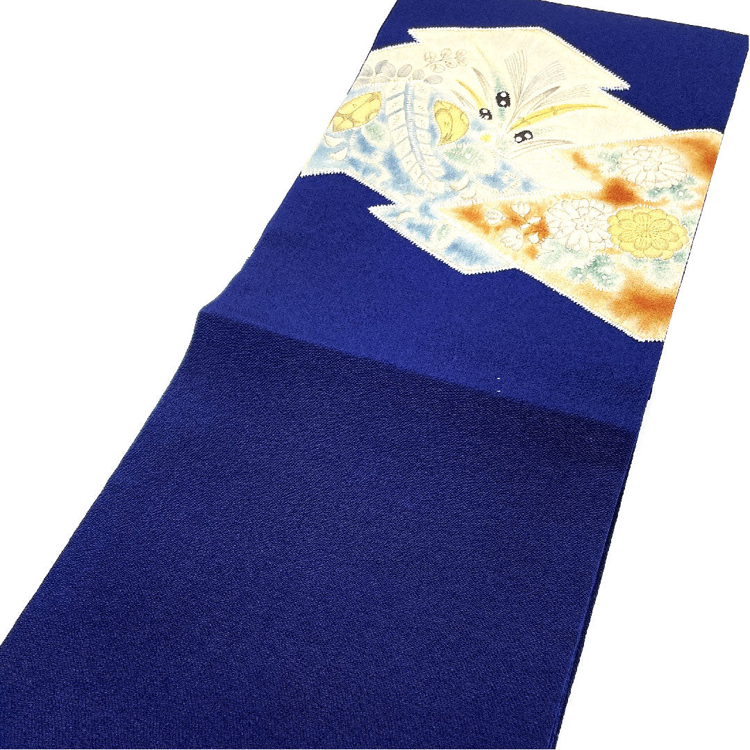 名古屋帯 松皮菱 花模様 染帯 縮緬帯丈380.5cm 正絹 Aランク ポイント柄 カジュアル 紺系 1124001583318 名古屋仕立て