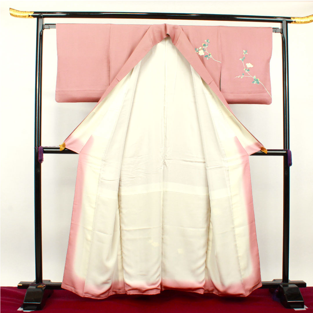 訪問着 正絹 袷 身丈158cm 裄丈63cm 蝋積紅色 京友禅 草花模様 Sランク ピンク系 1112003012313