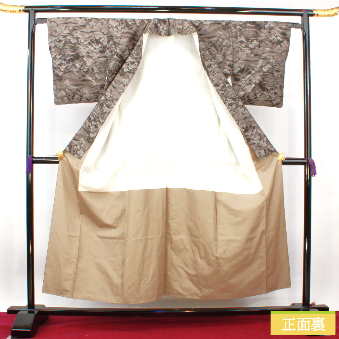 紬 正絹 身丈152cm 裄丈65cm 村山大島 風景模様 Sランク 袷 黒系 1116003382210