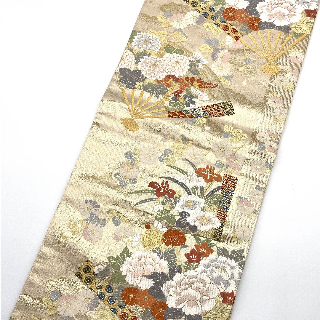 袋帯 生成り色(きなりいろ) 扇面 吉祥文様 七宝 帯丈424cm 正絹 Aランク 六通 フォーマル クリーム系 1123007573315
