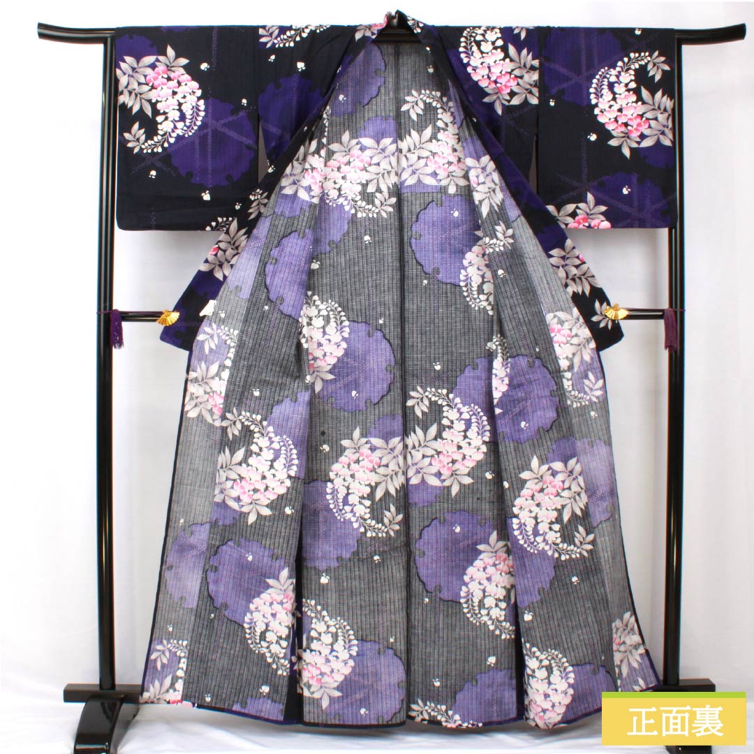 Yukata Cotton Length 161.5cm Sleeve length 66cm S rank Single layer Black Snowflake Wisteria 1118005392410