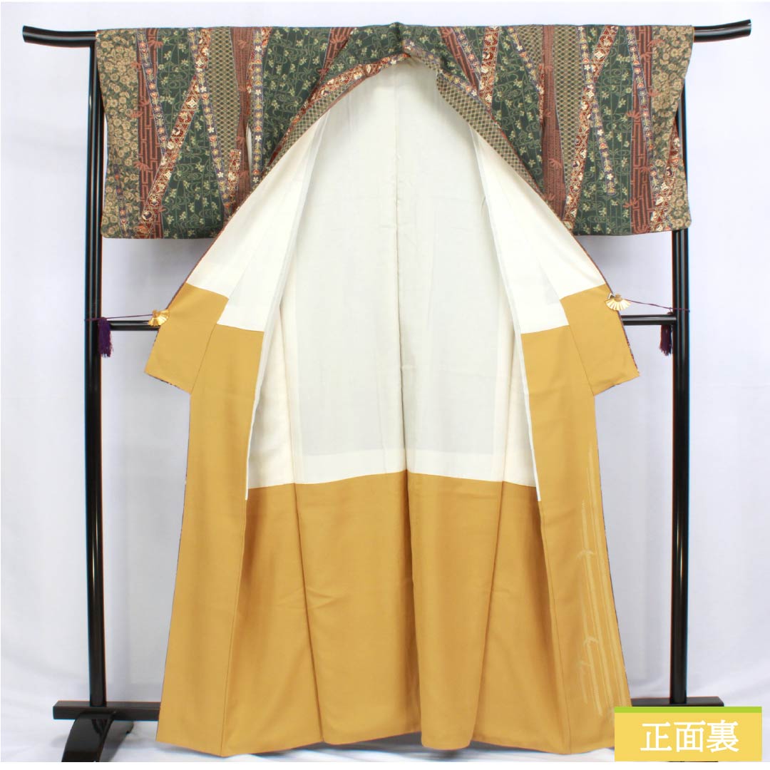 小紋 正絹 身丈162.5cm 裄丈66cm 袷 薩摩納戸色(さつまなんどいろ) 型染 吉祥文様 Sランク 緑系 1115006142419