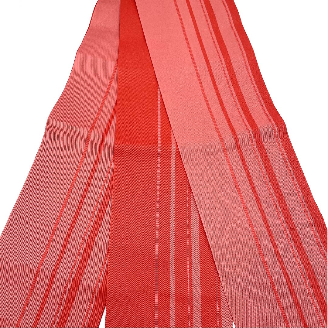 半幅帯 ポリエステル 帯丈350cm 紅梅色(こうばいいろ) 縞 ストライプ 幾何学模様 リバーシブル 朱系 Sランク 1125001352316