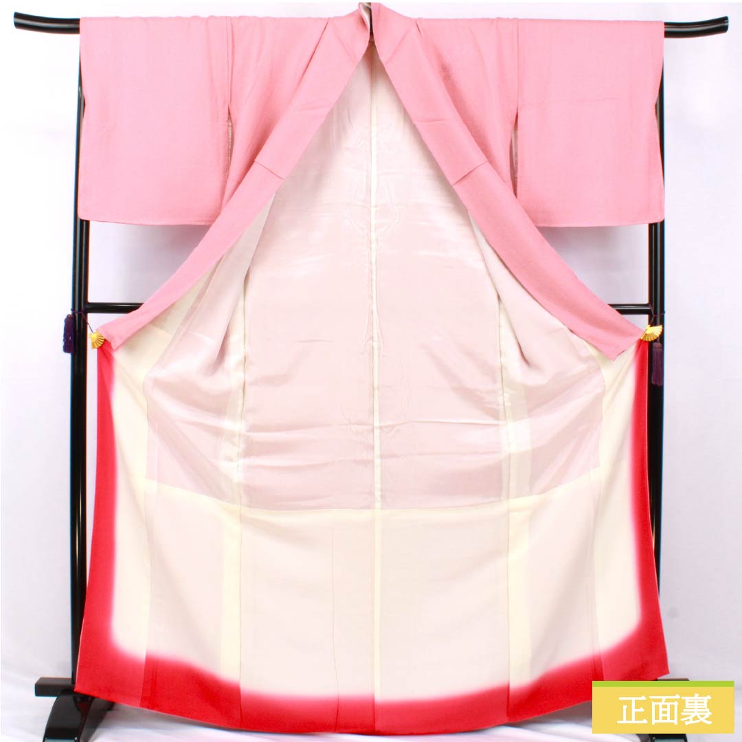 Solid color kimono (iromuji) made of pure silk, S rank, length 168cm, sleeve length 70cm, pink (momoiro) color, plain tsukesage (tsukesage) with Shantou embroidery and mirror pattern, lined, pink, product number 1114002412513