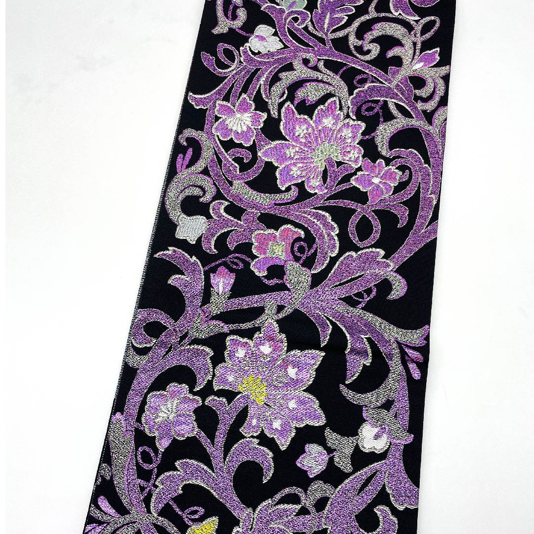 (未仕立)袋帯 黒色 花唐草 藤本隆士 螺鈿作家 西陣京都イシハラ 帯丈472cm 正絹 NEWランク 六通 フォーマル 黒系 1123009061410