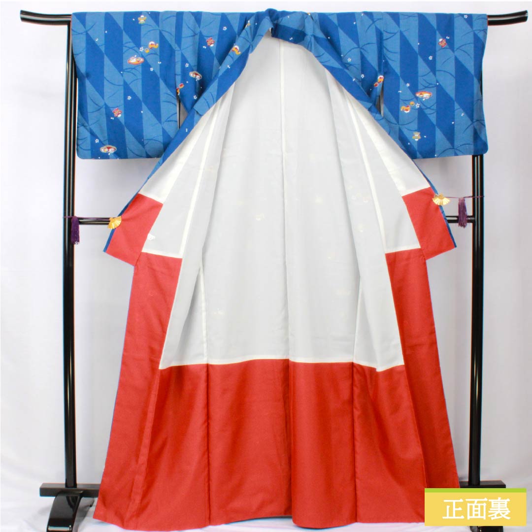 小紋 ポリエステル 身丈166cm 裄丈67cm 袷 紺青色(こんじょういろ) レトロ模様 洗える着物 Sランク 青系 1115005922517