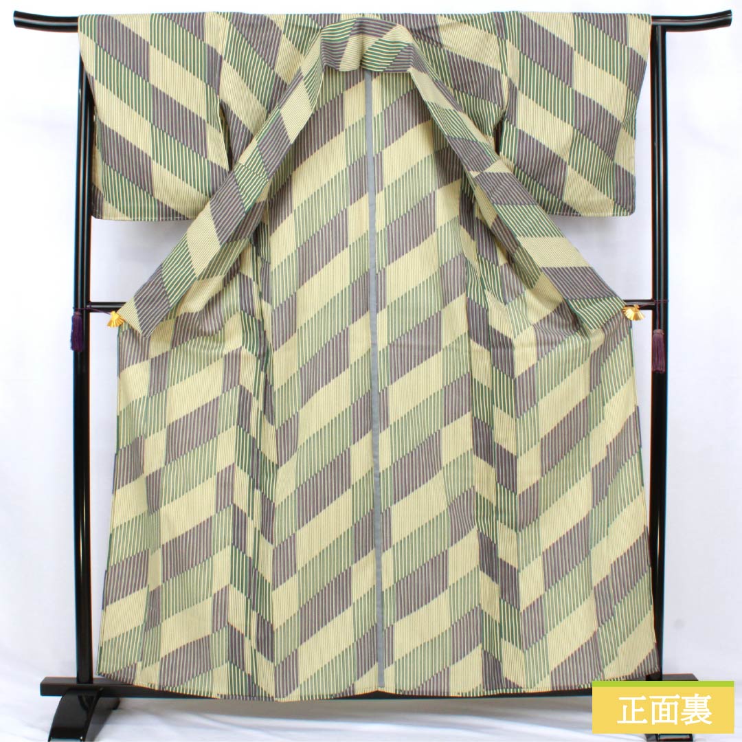 Polyester Komon, Rank S, Length 161cm, Sleeve-to-shoulder 65.5cm, Unlined, Light Yellow Ochre, Stenciled, Stripes, Diagonal Ichimatsu, Washable Kimono, Yellow-based, 1115008012423