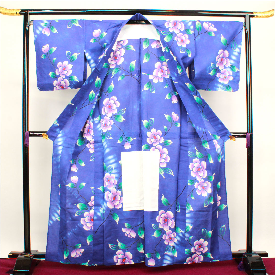浴衣 青紫色 草花模様 木綿 Aランク 単衣 身丈164cm 裄丈70cm 紫系 1118001723420