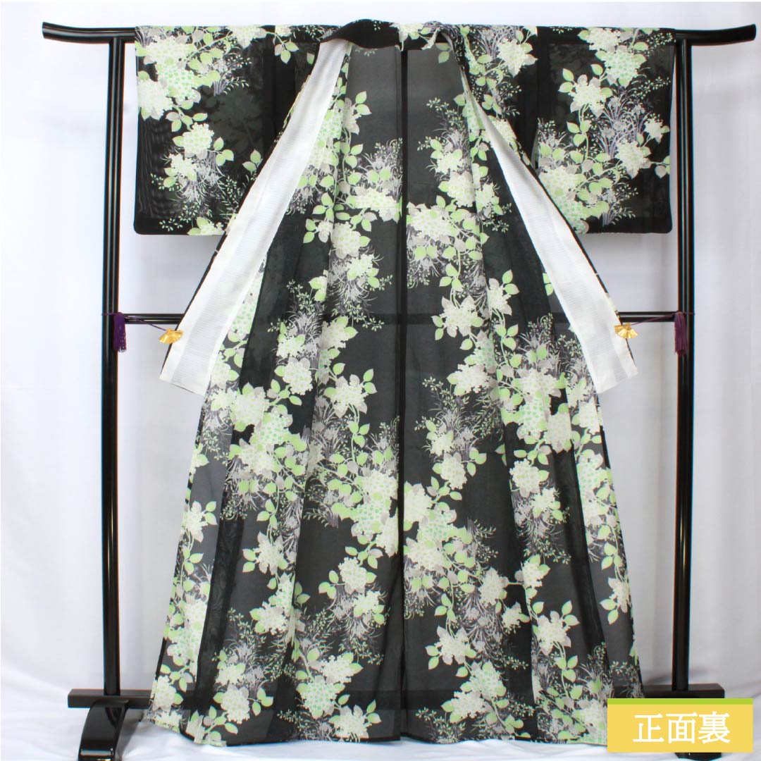 夏物 ポリエステル 小紋 身丈167cm 裄丈63.5cm 紫陽花 菖蒲 洗える着物 絽 Aランク 黒系 1132002283510