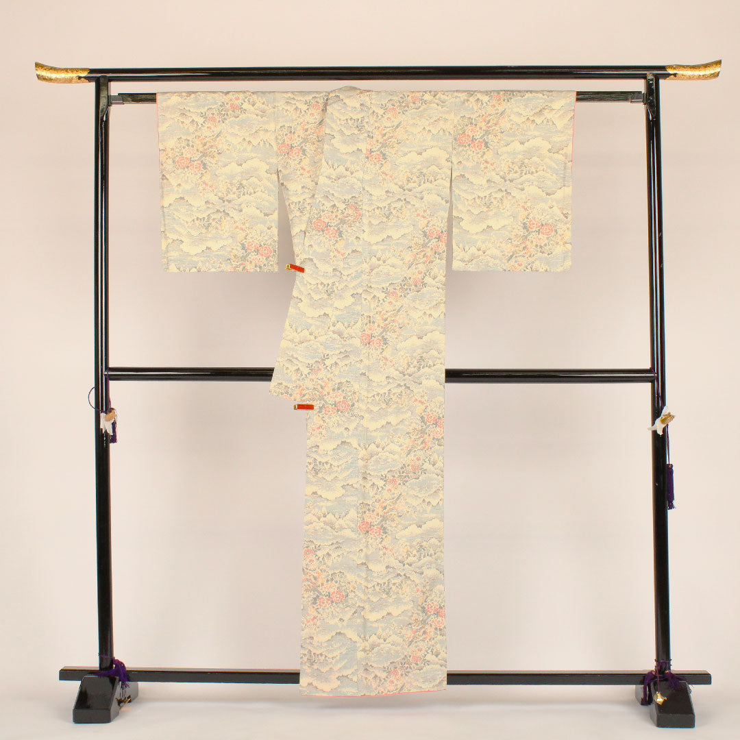 紬 身丈160cm 裄丈63cm あかね大島 風景画 正絹 Aランク 袷 クリーム系 1116000393315