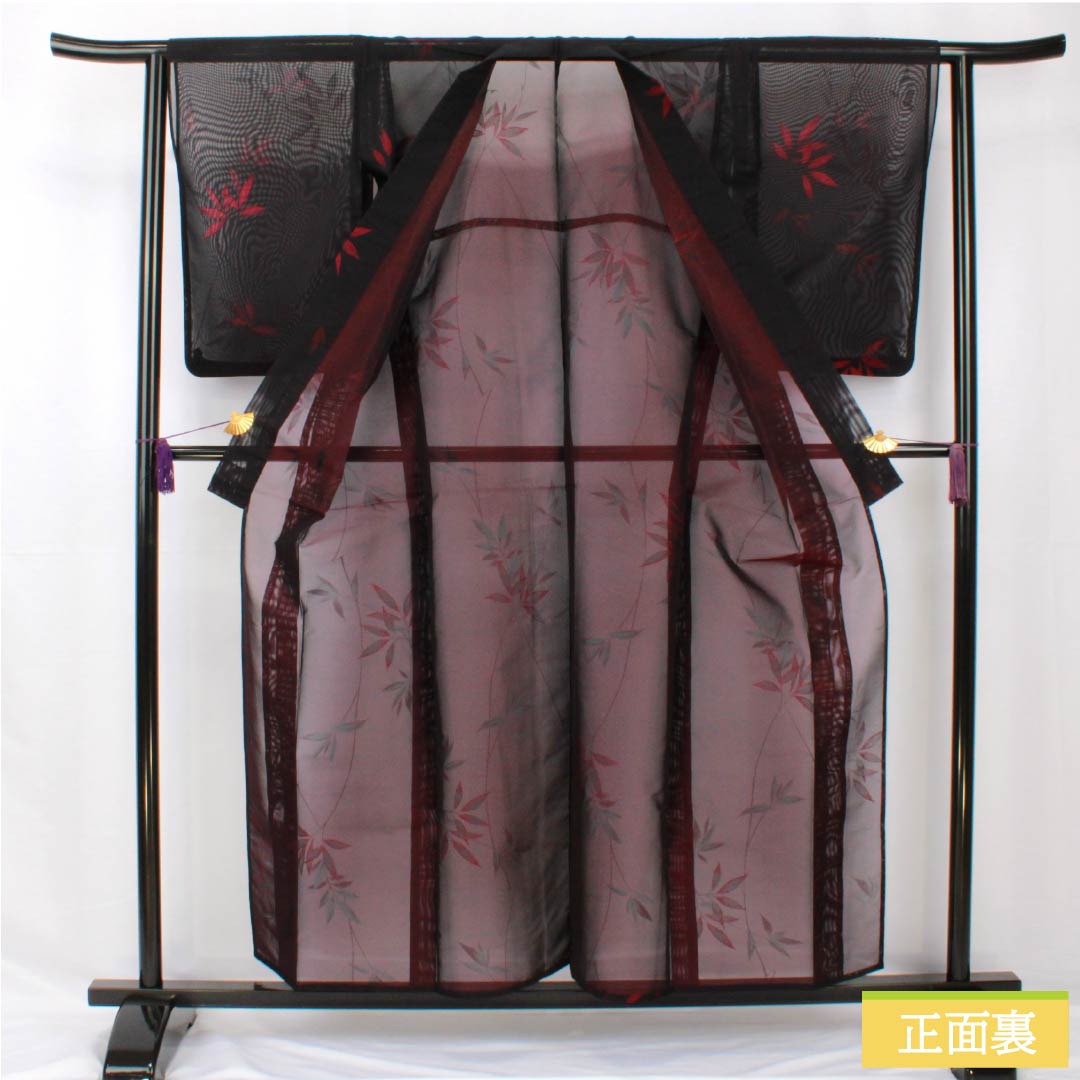 Summer pure silk komon length 157.5cm sleeve length 62.5cm branches leaves gauze S rank black 1132002022310