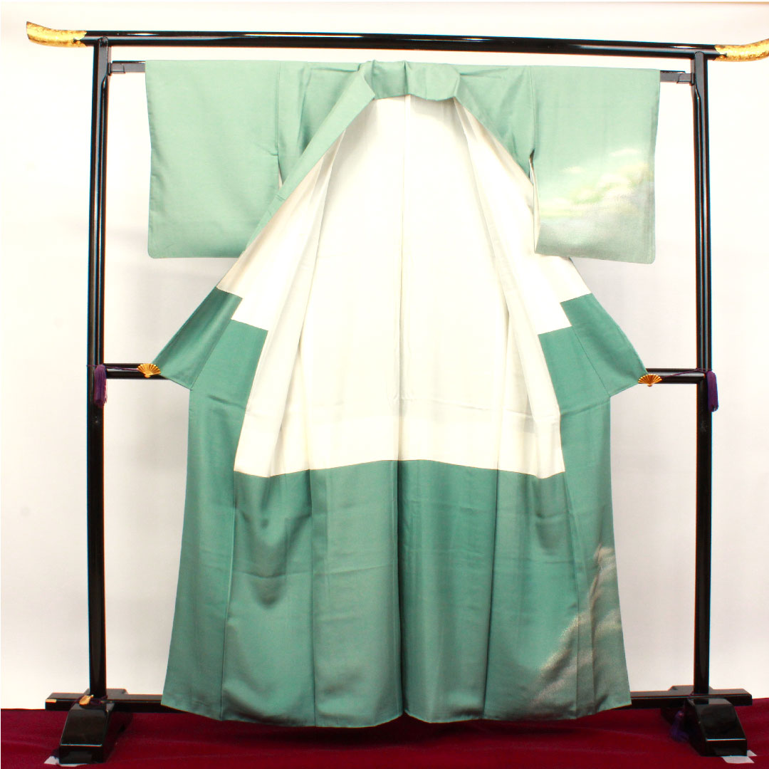 訪問着 正絹 袷 身丈161cm 裄丈62.5cm 豆青色 牛首紬 抽象模様 Aランク 緑系 1112003263419