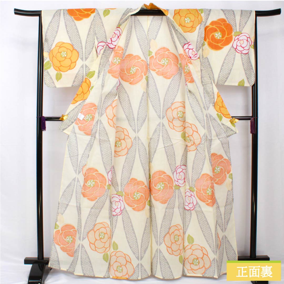 浴衣 木綿 身丈165cm 裄丈66cm NEWランク 単衣 クリーム系 牙黄色(げおういろ) 新品未使用品 花 1118005561515