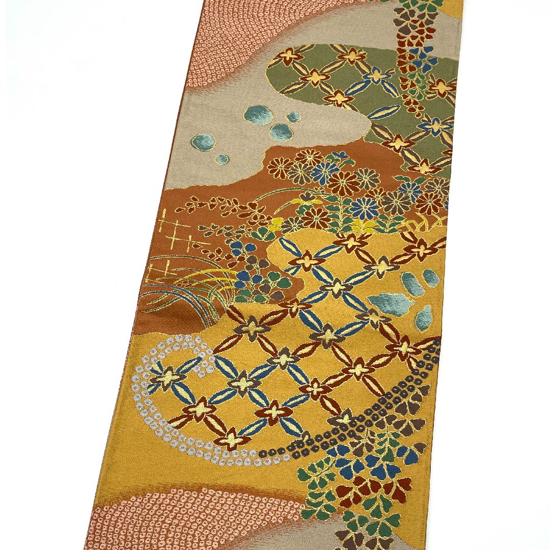袋帯 弁柄色(べんがらいろ) 白綾苑大庭 藤 七宝 小菊 帯丈430cm 正絹 Sランク 六通 セミフォーマル グラデーション系 1123008662399