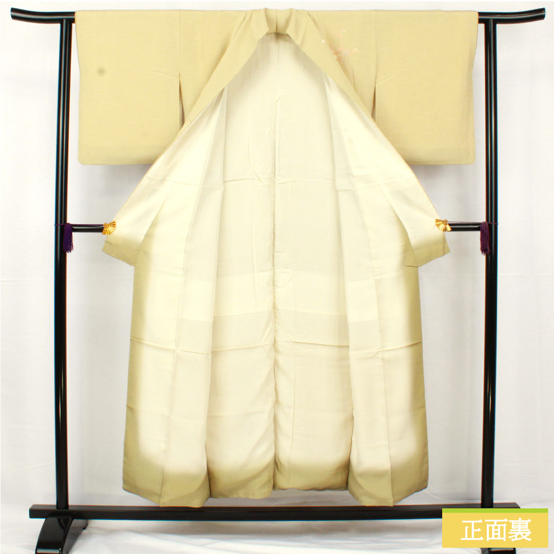 訪問着 正絹 袷 身丈151cm 裄丈61cm 硫黄色)いおういろ) 京友禅 草花模様 一つ紋 三ツ割藤 Aランク 緑系 1112005593219