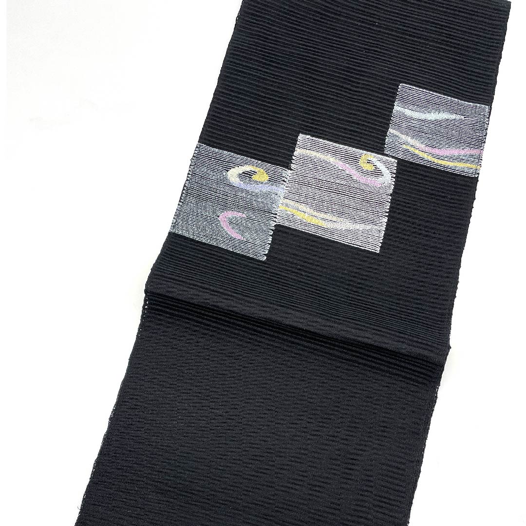 名古屋帯 黒色 夏帯 絽 四角 抽象模様 帯丈364cm 正絹 Aランク ポイント柄 セミフォーマル 黒系 1124004183310 開き仕立て