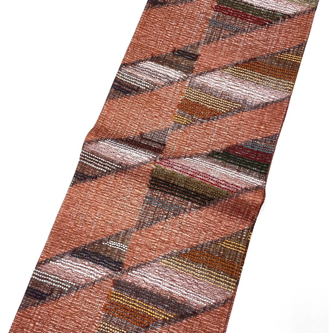 Fukuro Obi (Bengara-iro) Geometric Pattern Length 436cm Pure Silk S Rank Six-way Casual Brown 1123007912314