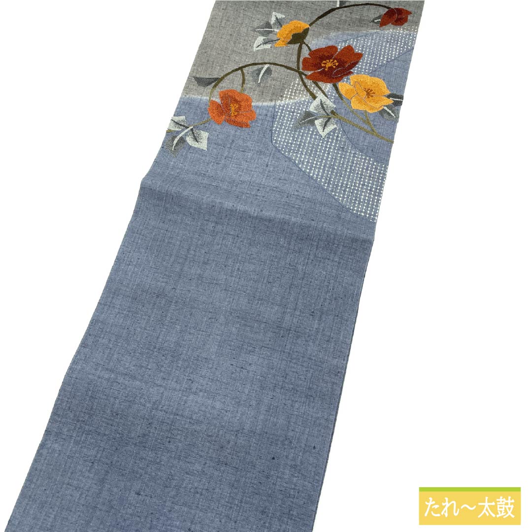 Nagoya Obi Silk A Rank Shakujyo-iro Sagara Embroidery Swatow Embroidery Floral Pattern Obi Length 356cm Point Pattern Casual Gray System 1124011503322 Open-Sided